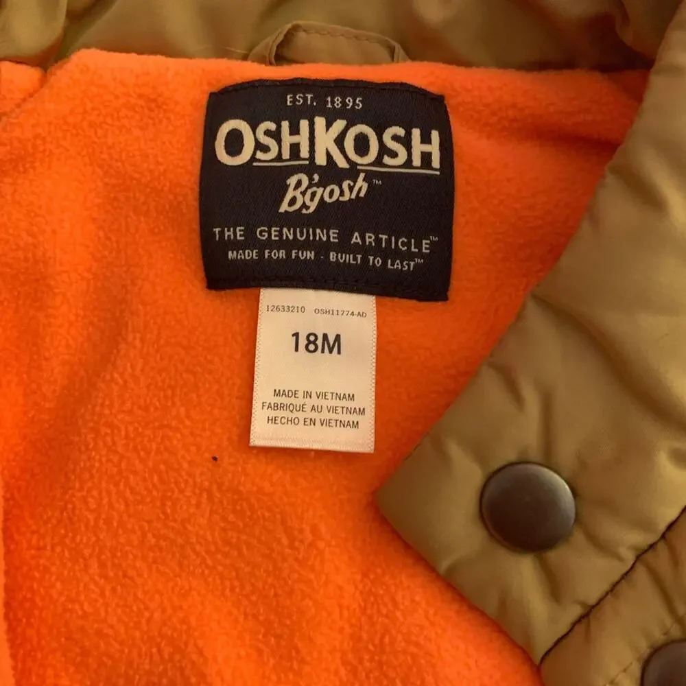 OSHKOSH B’GOSH Boy’s Tan with Orange Fleece Lining Snap Up Vest / Size: 18 Mos